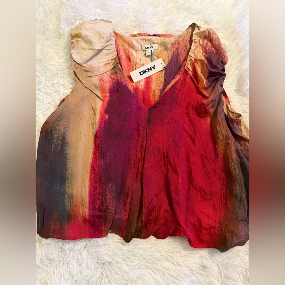 DKNY Red and Beige V-Neck Blouse - Picture 5 of 10